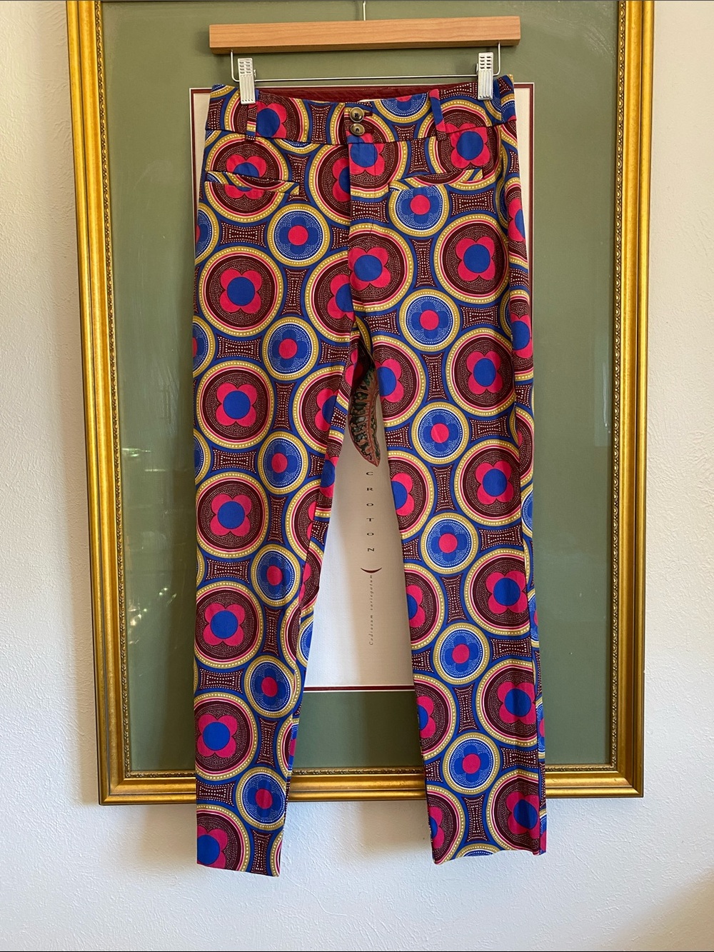 Anthropologie Ankle Pants in Pink, Blue & Mustard Geo Circle Print